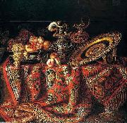 Jacques Hupin A still life of peaches, grapes and pomegranates in a pewter bowl, an ornate ormolu plate and ewers, all resting on a table draped with a carpet oil on canvas